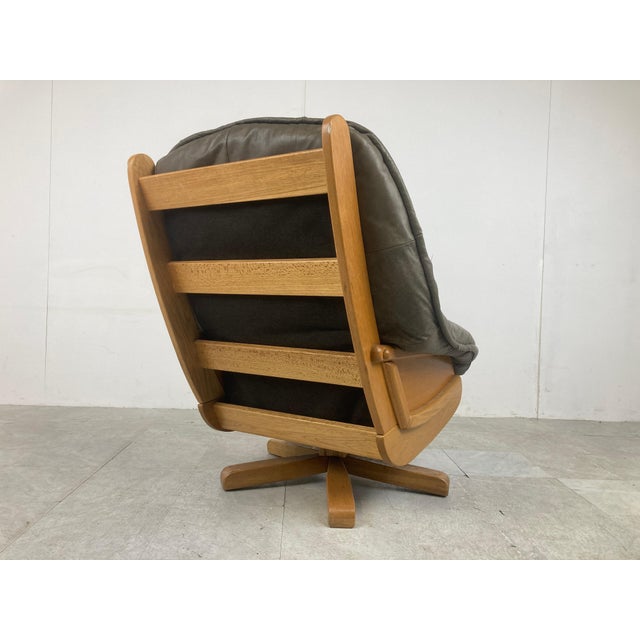 Brutalist Oak and Leather Swivel Chair, 1970s For Sale - Image 10 of 12