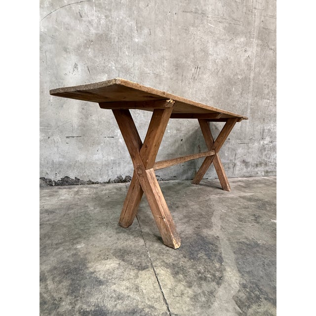 Farmhouse Antique Swedish Pine Sawbuck Console Table X Base Trestle Scrubbed Primitive 79 For Sale - Image 3 of 7