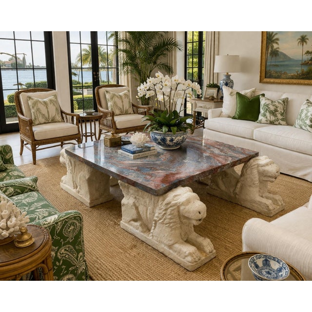 Monumental Italian Florentine Lion Coffee Table with Breccia Marble Top A striking and architecturally scaled cocktail...