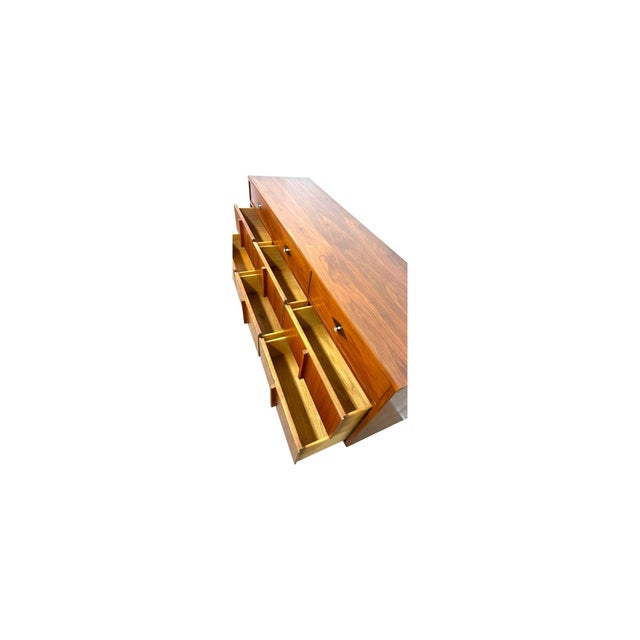 Brown Vintage Mid-Century Modern 9 Drawer Dresser With Diamond Parquet Accent Inlay and Dovetailed Drawers For Sale - Image 8 of 11