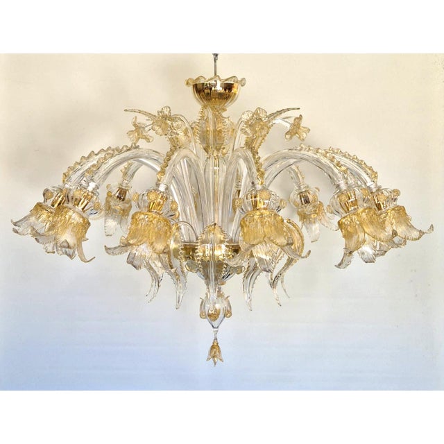 Venetian Transparent and Gold Murano Glass Chandelier With Flowers and Leaves For Sale - Image 9 of 9