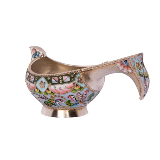 Early 20th Century Antique Imperial Russian Solid Silver Gilt Cloisonne Enamel Kovsh Moscow 1908 For Sale - Image 5 of 11