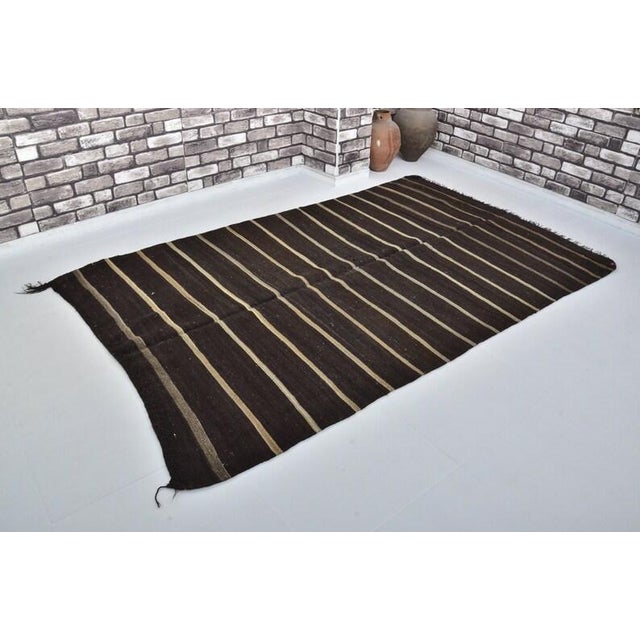 Black Large Vintage Handwoven Kilim - Dark Brown & Off-White Striped Wool Area Rug For Sale - Image 8 of 8