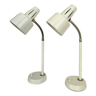 Adjustable White Lacquered Steel and Brass Desk Lamps from BJS, Sweden, 1960s, Set of 2 For Sale