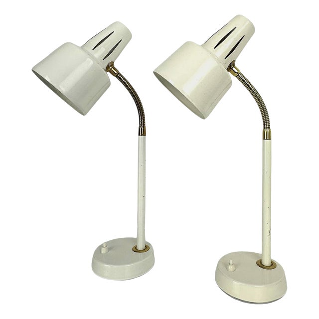 Adjustable White Lacquered Steel and Brass Desk Lamps from BJS, Sweden, 1960s, Set of 2 For Sale