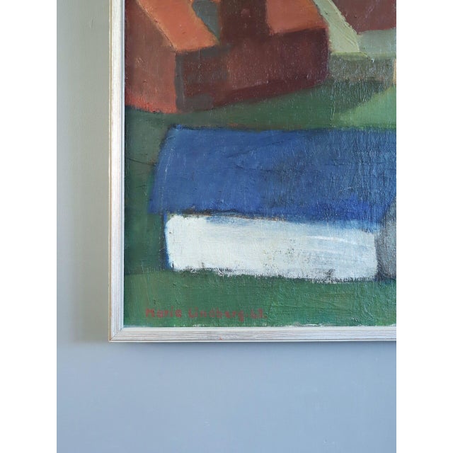 Textile 1963 Mid-Century Modern 'Houses by the Rolling Hills' Vintage Swedish Expressive Landscape Oil Painting, Framed For Sale - Image 7 of 12