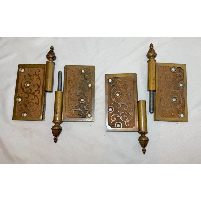 Brass Pair Antique 19th Century Ornate Solid Heavy Brass Bronze Door Hinges Hardware For Sale - Image 8 of 12