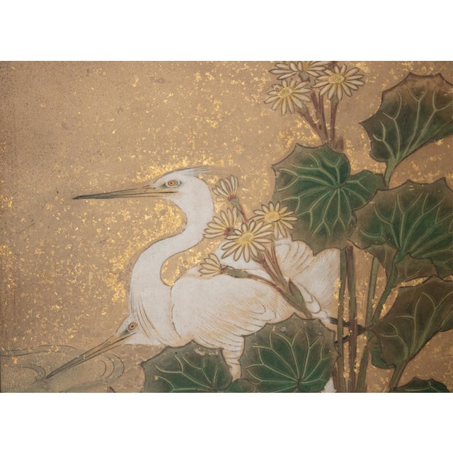 Wood "Egrets and Sparrow", C. 1950s Japanese Yamato-E Style Byobu Screen For Sale - Image 7 of 18