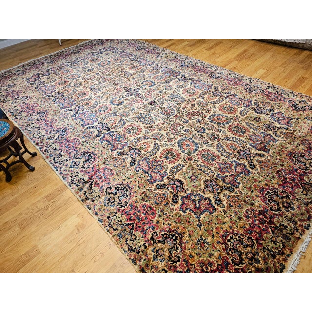 Early 20th Century Vintage Oversized Persian Kerman Rug, Hand-Knotted Wool, Allover Floral Pattern, Ivory & Red, 11’ X 18’ For Sale - Image 5 of 14