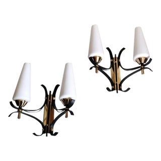 Mid 20th Century Arlus Maison Style French Wall Sconces in Brass and Opaline - a Pair For Sale