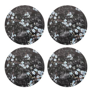 Blossom Fantasia Black Blue, 16" Round Pebble Placemats, Set of 4 For Sale