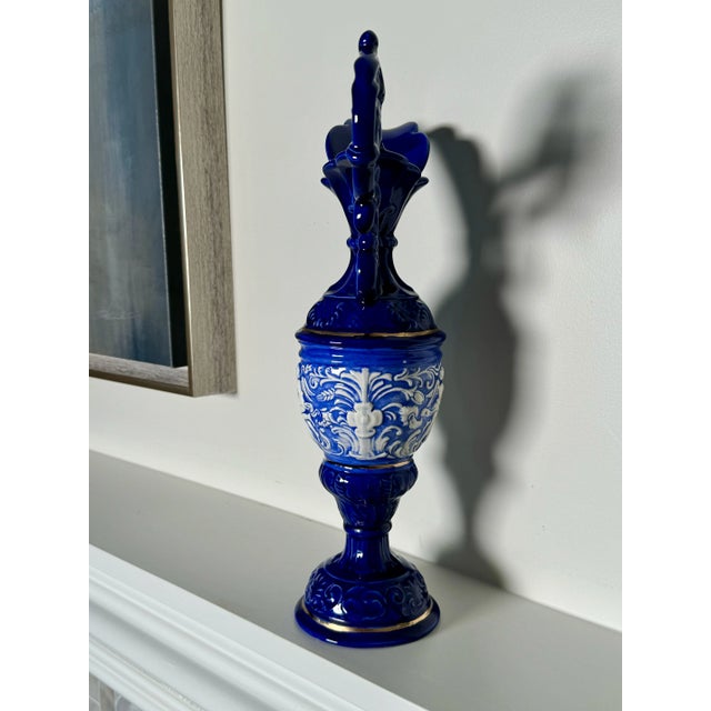 Baroque Embossed Cobalt Blue & Gold Ceramic Decorative Pitcher For Sale - Image 4 of 10