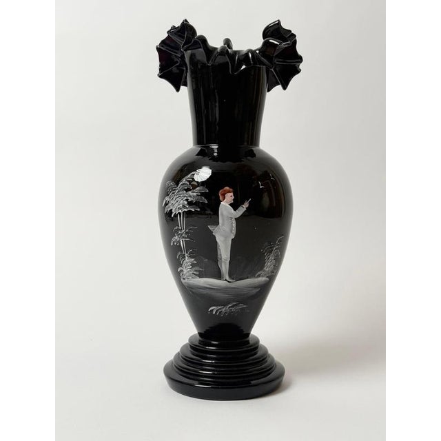 Boho Chic Antique Bohemian Deep Ruby Glass Vase with Romantic White Enamel Painting, 1900 For Sale - Image 3 of 18