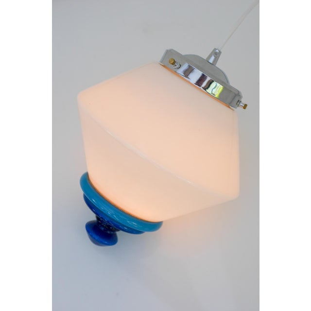 Metal Scandinavian Art Deco Milk Glass Pendant Light with Azure Blue Details, 1930s For Sale - Image 7 of 17