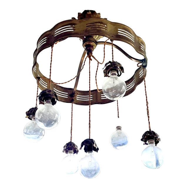 Large Brass Early 20th Century Brass 7-Light Chandelier For Sale