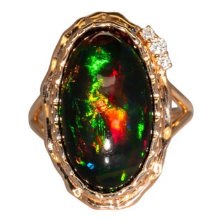 8.6Ct Black Opal Ring With Natural Diamond Accents: Solid 14k Gold, Size 6.75 For Sale
