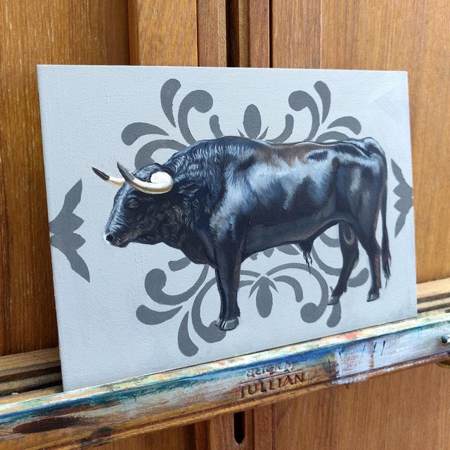 Rococo Profile of a Bull by Robin Hextrum | Oil on Artefex Smooth Oleopanel Black bull standing against a gray background. For Sale - Image 3 of 3