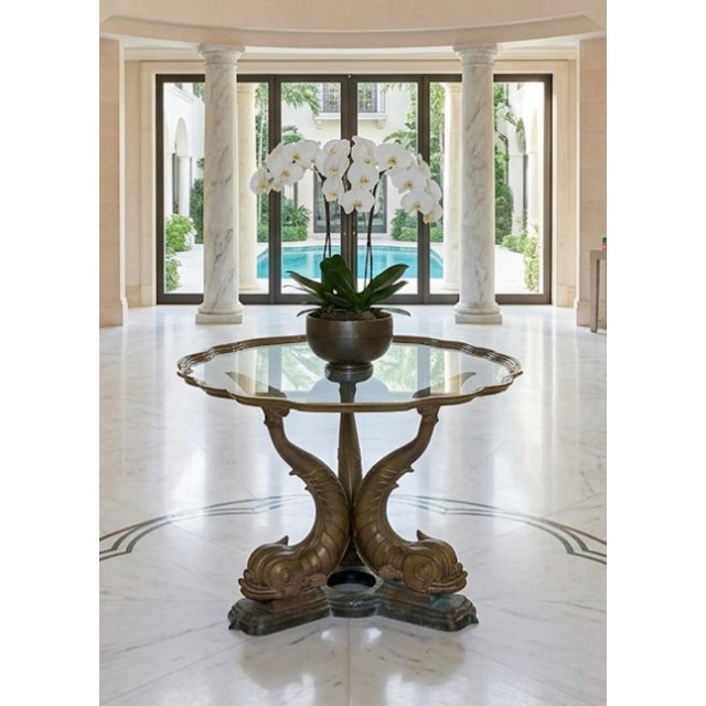 1980s Hollywood Regency Triple Dolphin Bronze Center Table With Scalloped Glass For Sale - Image 12 of 12