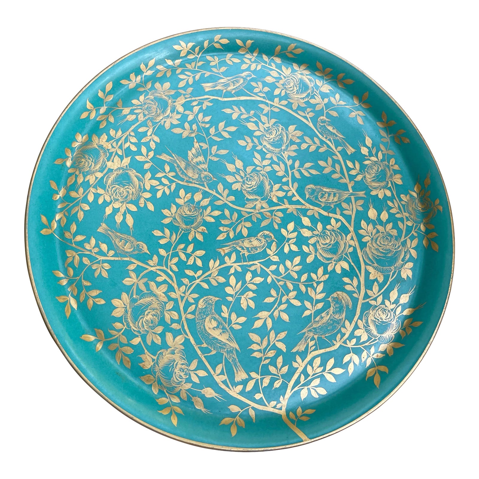 1940s Large Turquoise Platter With Gold Birds Platter | Chairish