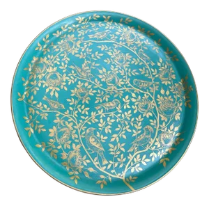1940s Large Turquoise Platter With Gold Birds Platter