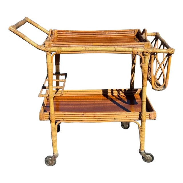 Italian Vintage Wicker Bar Cart For Sale