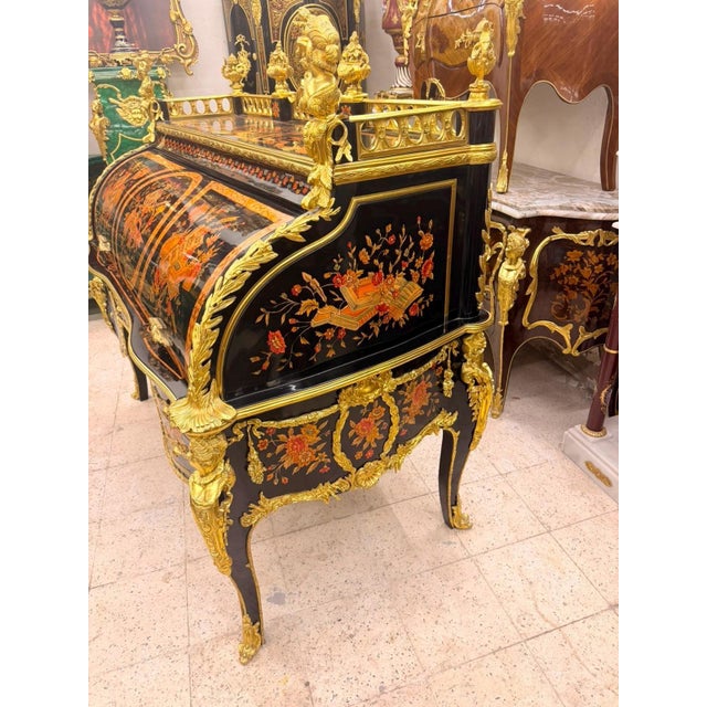 Museum Quality Rococo Marquetry Secretary Black & Gold Writing Bureau For Sale - Image 4 of 10