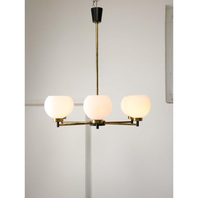 Mid-Century Modern Italian Brass and Opaline Chandelier For Sale - Image 11 of 16
