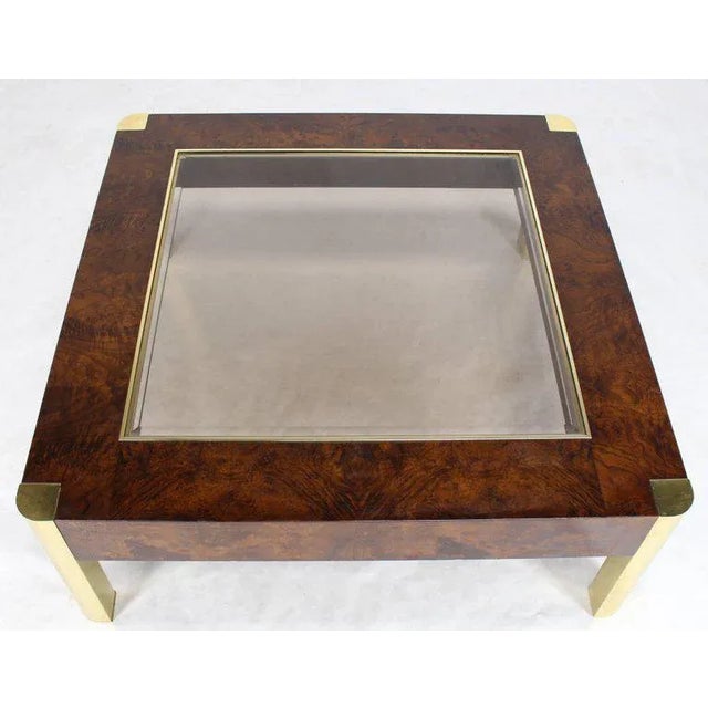 Mid-Century Modern Burl Wood Brass Glass Top Square Coffee Table For Sale - Image 3 of 8