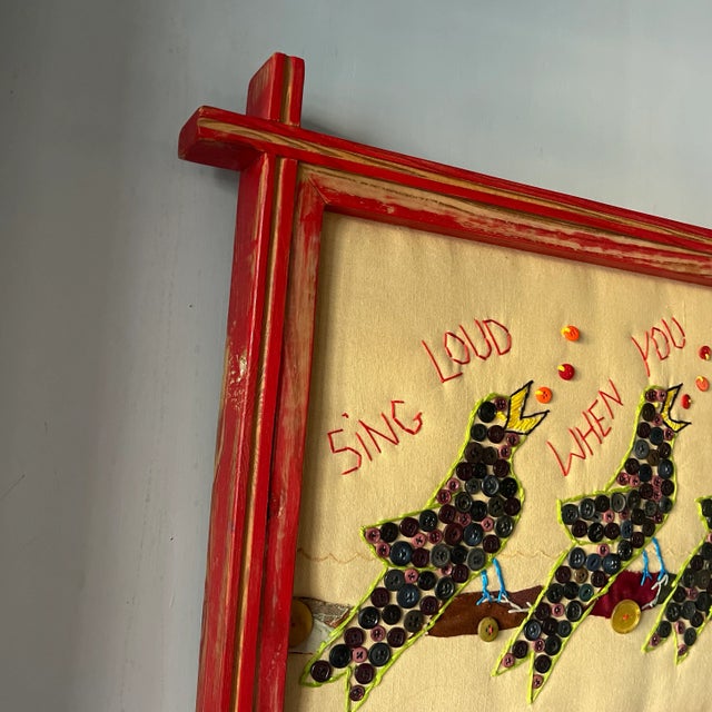 Large Signed Mary Teeter Folk Art Textile – “Sing Loud When You Don’t Know the Words” (2005) Bird Button and Embroidery Collage For Sale - Image 9 of 12
