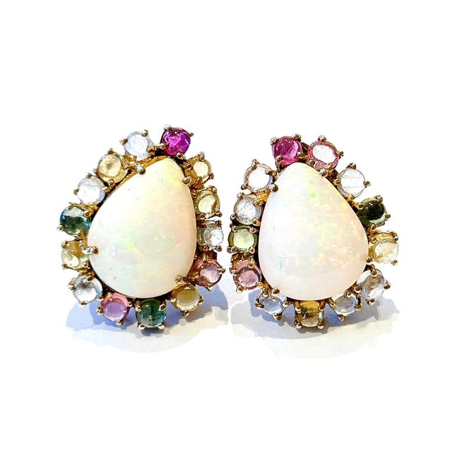Bochic “Capri” Vintage Opal & Multi Pastel Tourmaline Earrings Set In 18K Gold & Silver Natural Opal Pear Shape from...