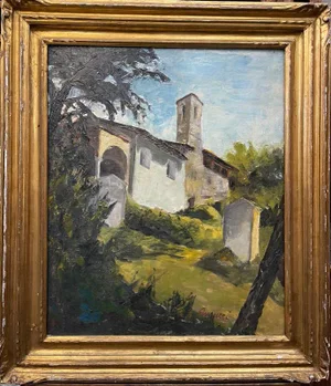 Giancarlo Amurri, View of Small Church, Oil on Canvas, Framed