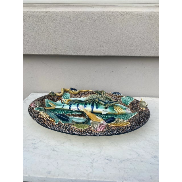 Colorful Palissy wall platter signed Hippolyte Boulenger Choisy le Roi, circa 1880. Decorated with fishs,snake,...