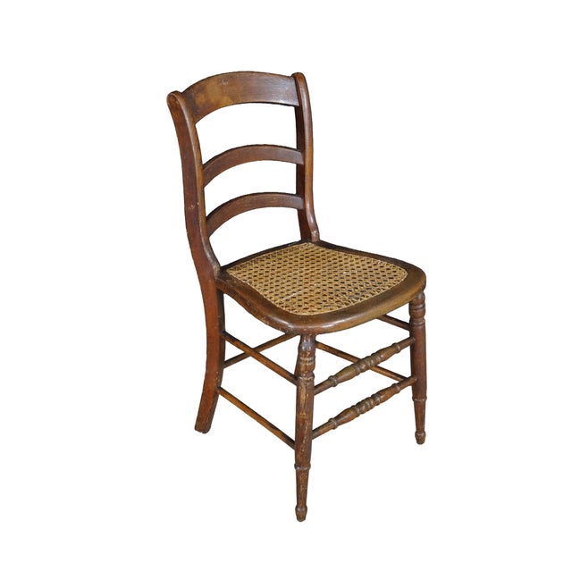 Farmhouse 2 Antique American Country Oak Farmhouse Ladderback Chairs Cane Seat Pair For Sale - Image 3 of 18