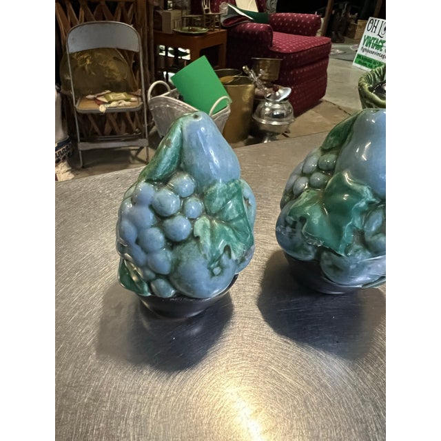 Vintage Blue Ceramic Salt and Pepper Shakers With Fruit and Vine Details - a Pair For Sale - Image 4 of 6