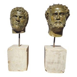 Italian Artist, Pair of L Bronze Roman Emperor Heads on Marble Pedestals, 1950, Bronze For Sale