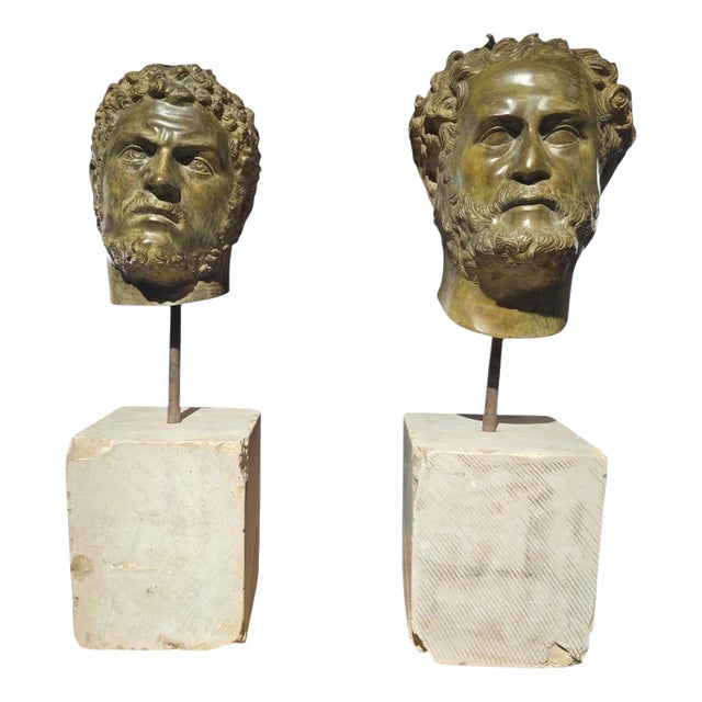 Italian Artist, Pair of L Bronze Roman Emperor Heads on Marble Pedestals, 1950, Bronze For Sale