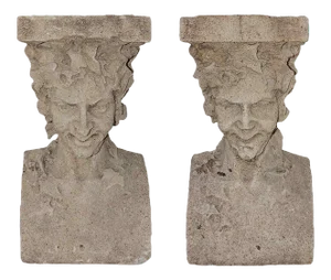 Antique Pedestals - Cast Stone Figural Bust and Foliate Design - A Pair