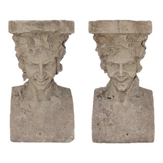 Pedestals Antique Cast Stone Figural Bust and Foliate Design - A Pair For Sale
