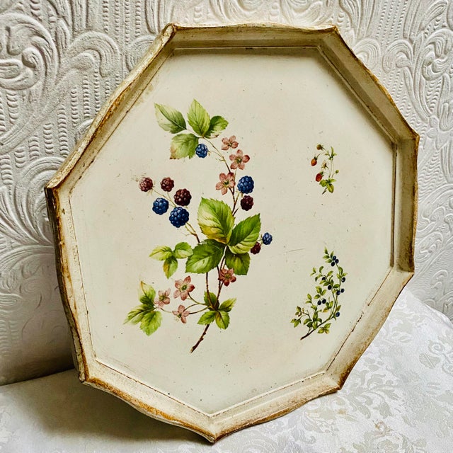 Italian Vintage Botanical Blackberries Italian Florentine Octagon Wood Tray For Sale - Image 3 of 7