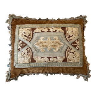 Antique Aubusson and Velvet Pillow With Tassels For Sale