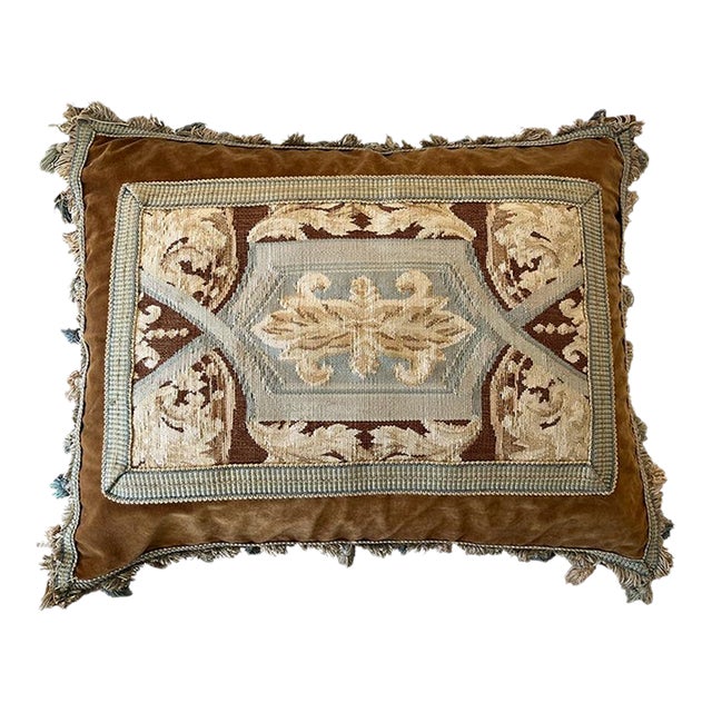Antique Aubusson and Velvet Pillow With Tassels For Sale