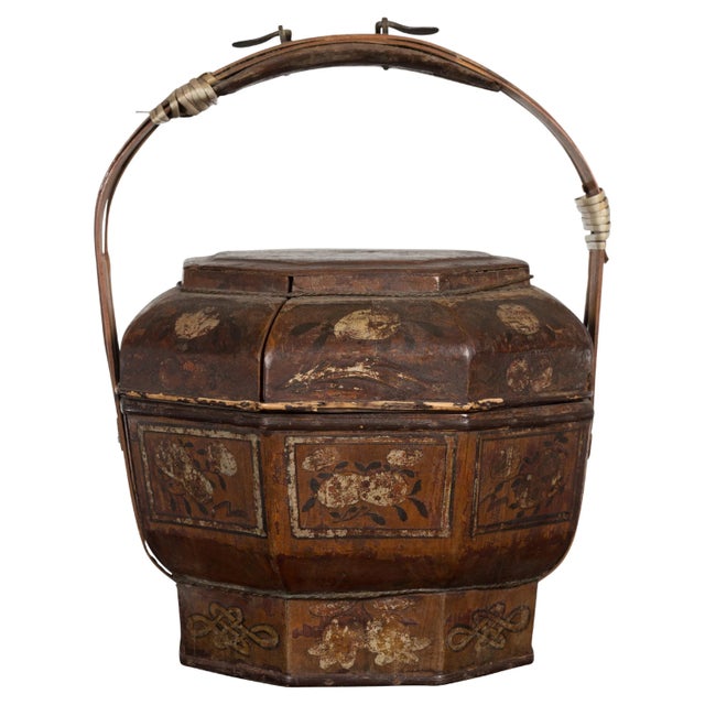 Chinese Antique Lacquered Gift Delivering Basket with Hand Painted Floral Décor For Sale - Image 13 of 13