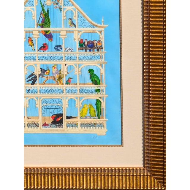 Paint Jennifer Lively “Bird Cage” Contemporary Blue Toned Surreal Still Life Painting of Various Birds, 2016 For Sale - Image 7 of 11