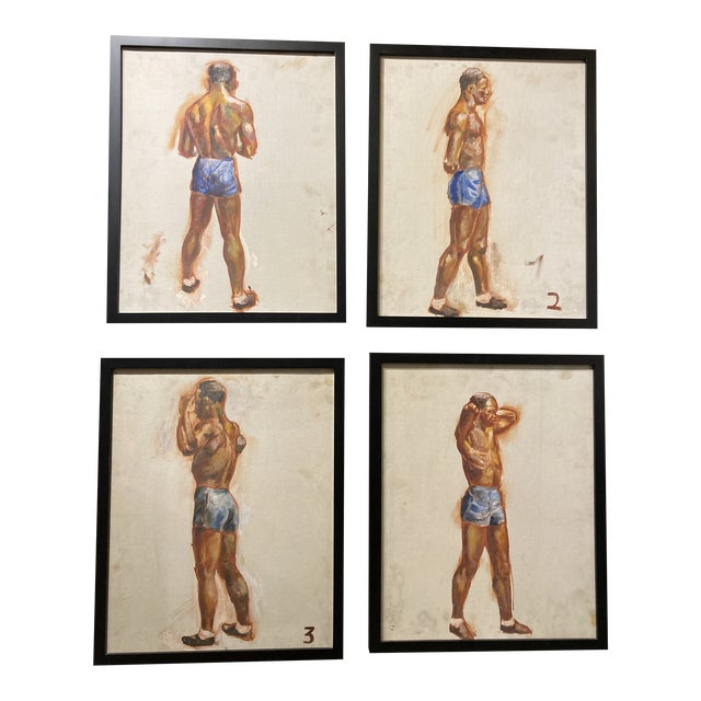 1940’s "Boxer Series" Realist Figurative Oil Painting on Canvas, Framed - Set of 4 For Sale