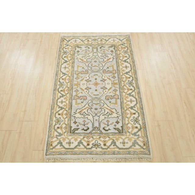 Tribal Oushak Rug 3'1'' X 5'1'' Blue Wool Hand-Knotted Oriental Carpet For Sale - Image 3 of 12
