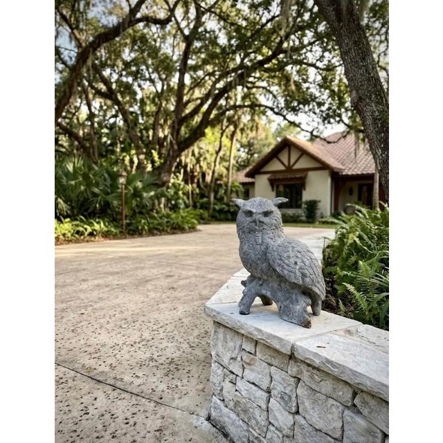 Vintage Cast Iron Owl Garden Sculpture on Natural Branch Base For Sale - Image 9 of 11