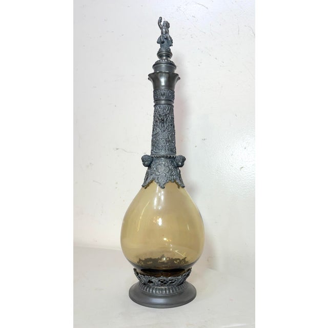 Figurative Antique German Hand Blown Glass Pewter Figural Cherub Claret Decanter Bottle For Sale - Image 3 of 18