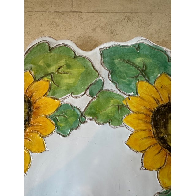 Ceramic Vintage 13.5” Italian Sunflower Incised, Glazed Handpainted Terracotta Platter For Sale - Image 7 of 16