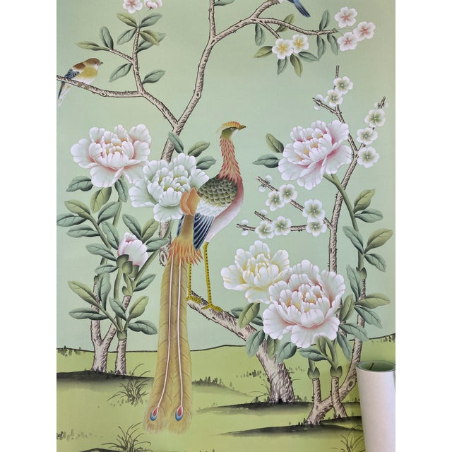 2020s A Set of 3 Panels Hand-Painted Silk Chinoiserie Wallpaper, Aqua Green Silk Wallpaper, Set of 3 For Sale - Image 5 of 10