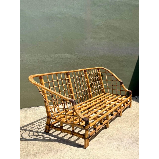 Vintage Woven Grid Rattan High Back Sofa For Sale - Image 10 of 13